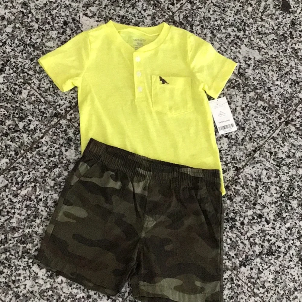Neon yellow pocket tee with camo shorts set